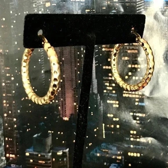 HOOP EARRINGS GOLD PLATED HAMMERED WOMANS IP PVD ION PLATED STAINLESS STEEL - Picture 9 of 10